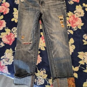 Chico's Blue Distressed Cropped Jeans with Patchwork